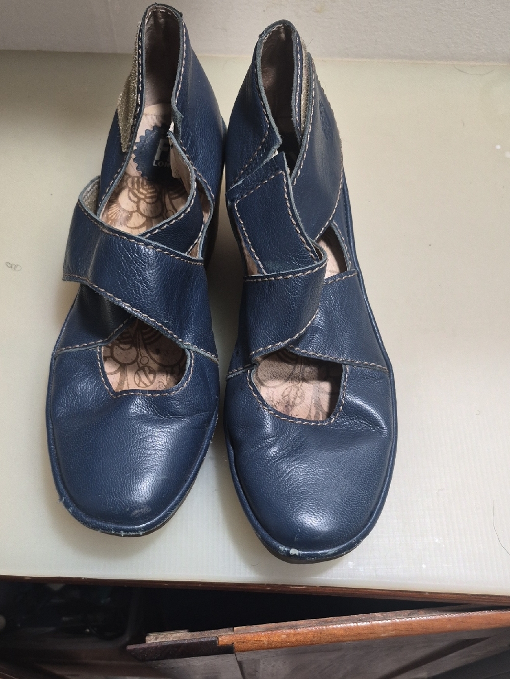 Fly London Navy Leather Cutout Mule Sandals